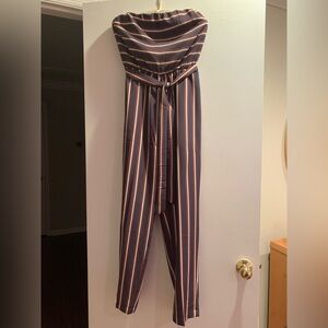 Striped Strapless and Belted Jumpsuit